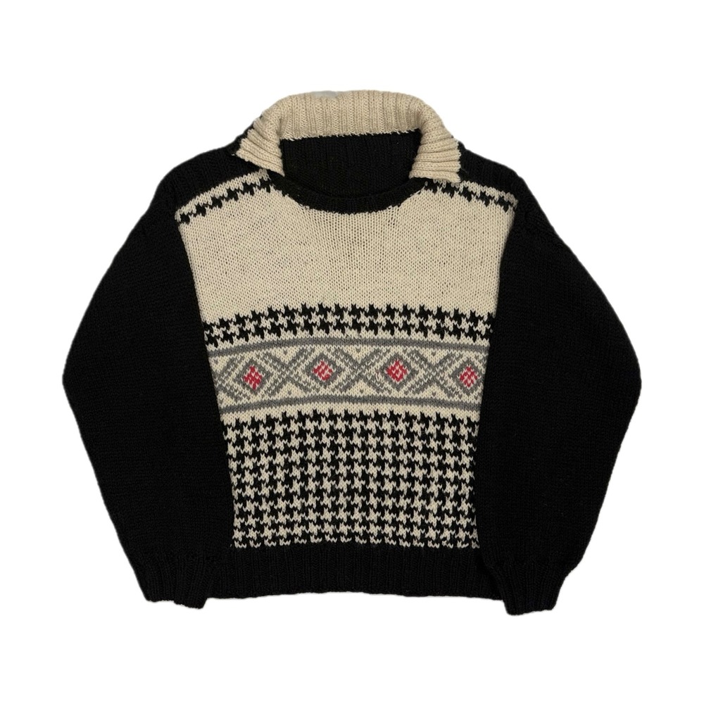 Vtg Handknit black cream wool fair isle heavy knit collared sweater womens large